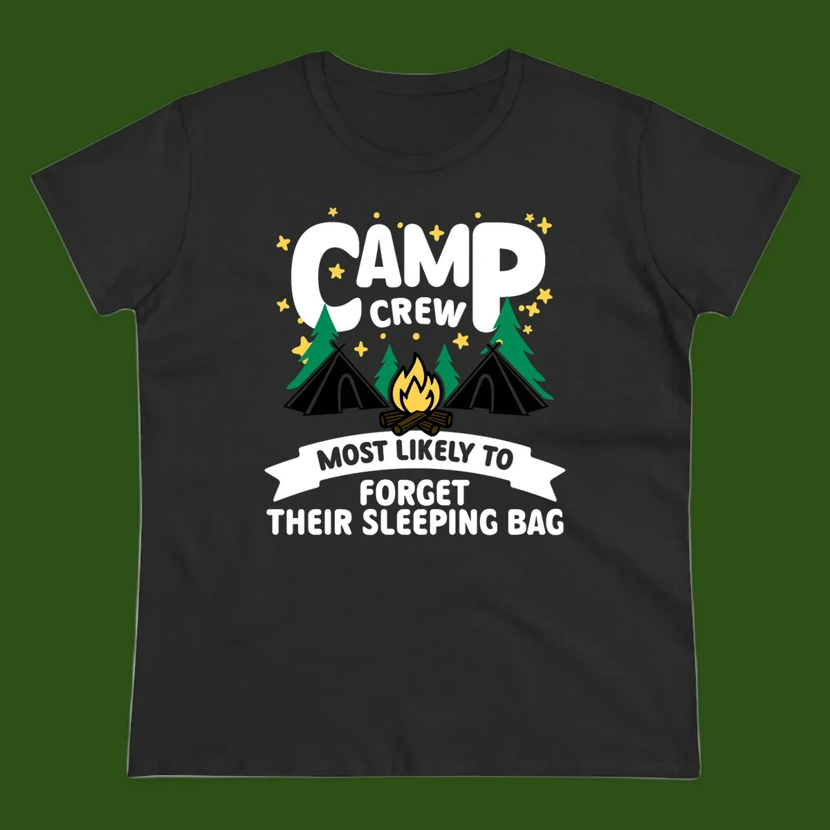 Camp crew most likely to forget sleeping bag design with campfire, tents, trees, and stars on gray background