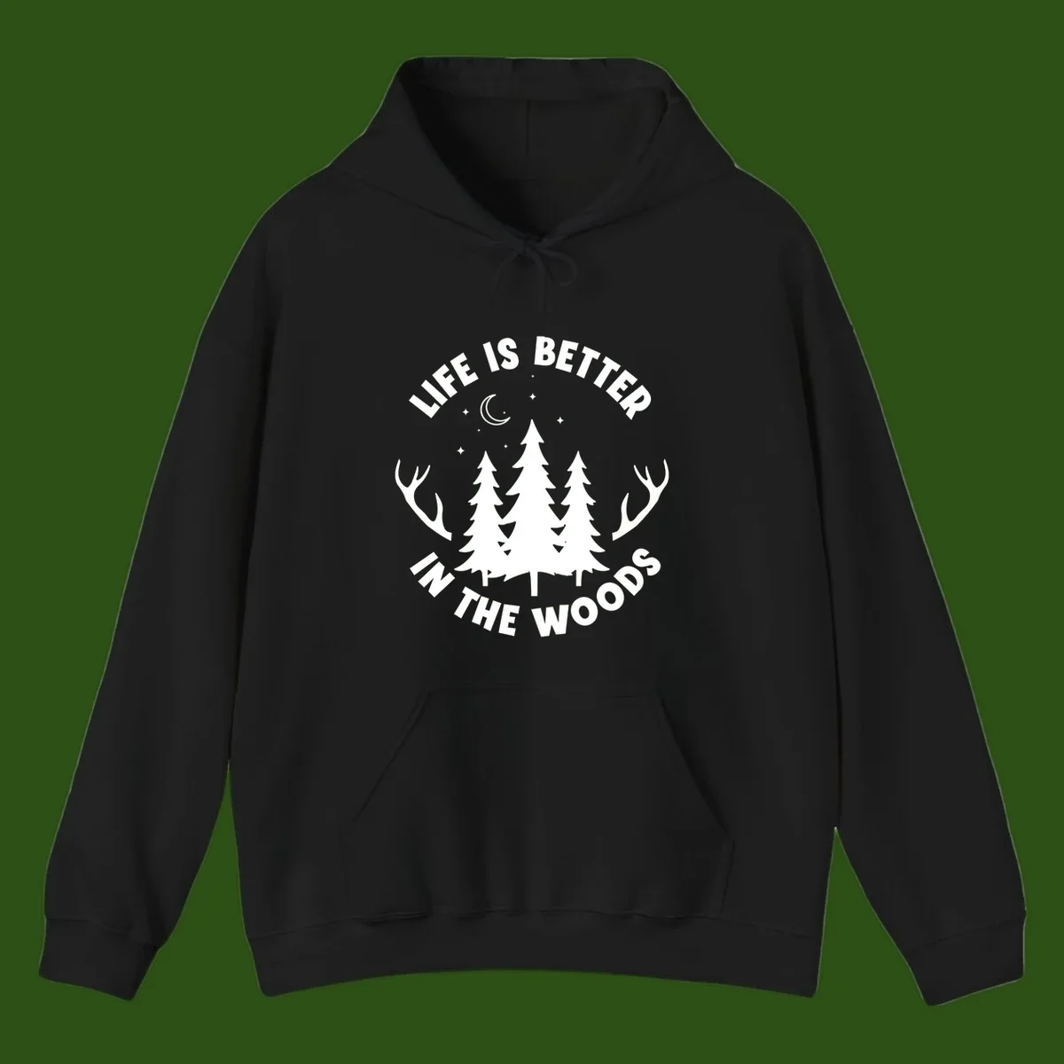 Life is better in the woods design with pine trees, deer antlers, moon and stars on gray background