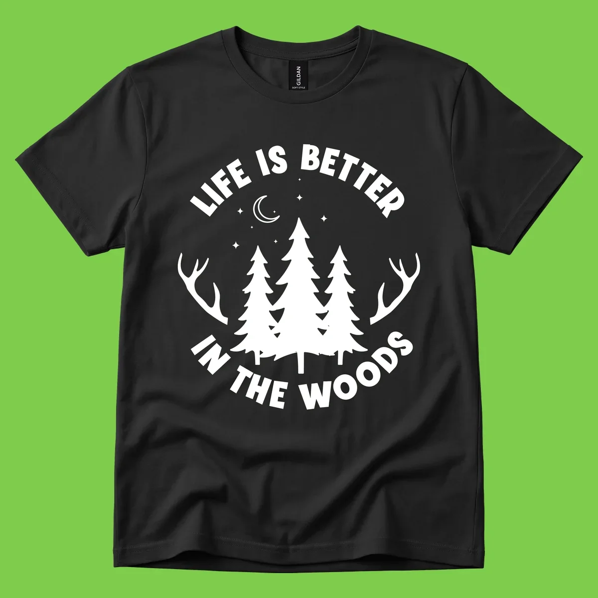 Life is better in the woods design with pine trees, deer antlers, moon and stars on gray background