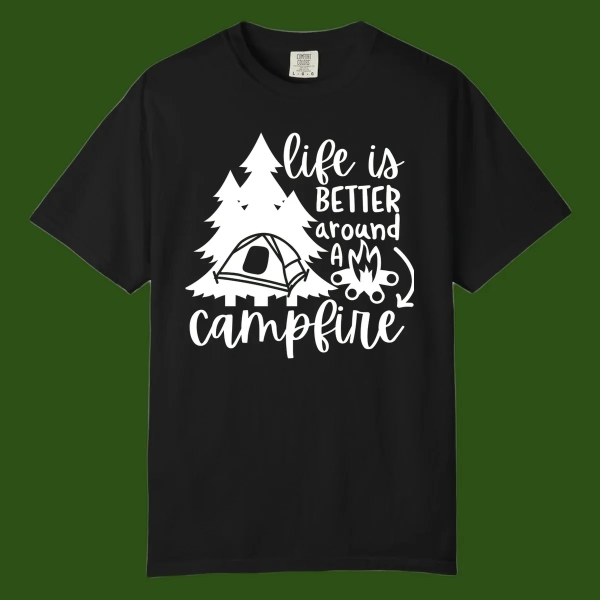 White illustration of evergreen trees, camping tent, and campfire with text reading 'life is better around a campfire' on gray background