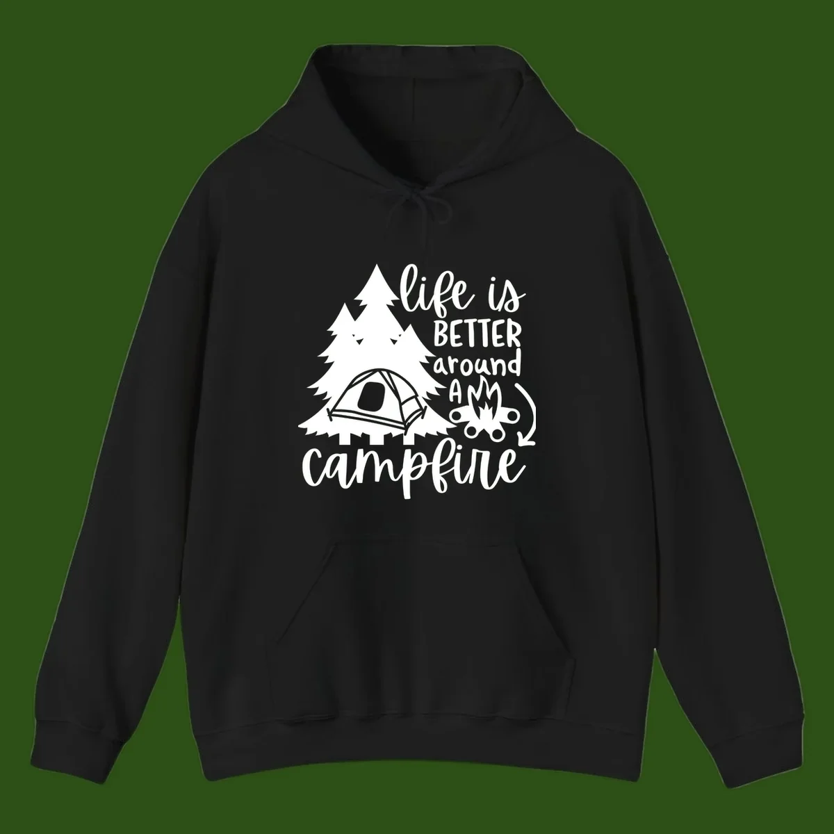 White illustration of evergreen trees, camping tent, and campfire with text reading 'life is better around a campfire' on gray background