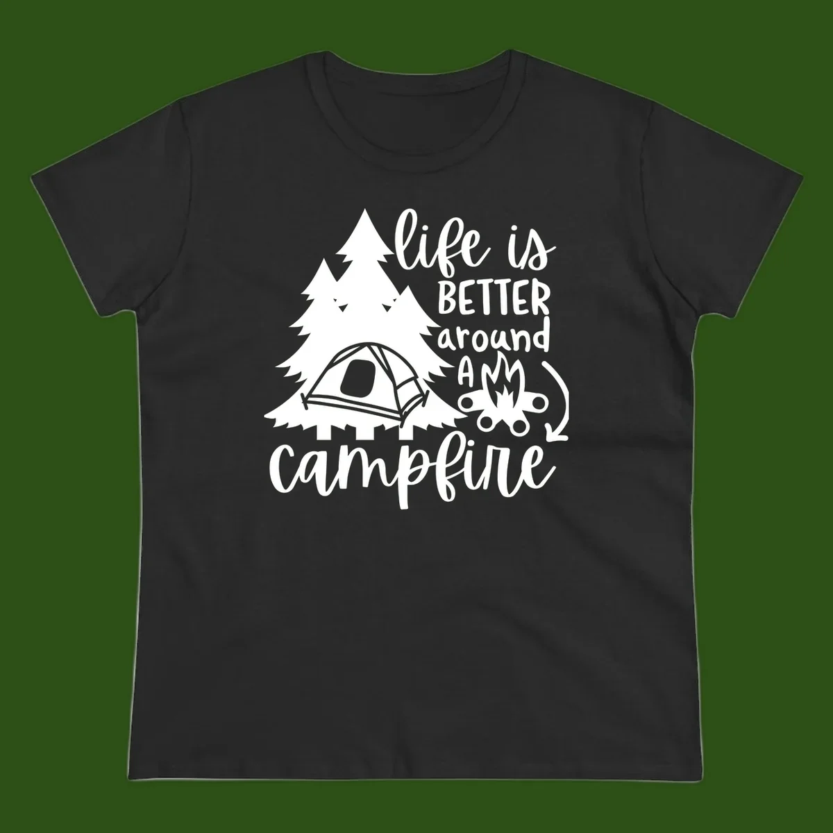 White illustration of evergreen trees, camping tent, and campfire with text reading 'life is better around a campfire' on gray background