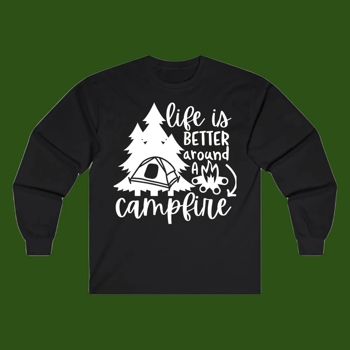 White illustration of evergreen trees, camping tent, and campfire with text reading 'life is better around a campfire' on gray background