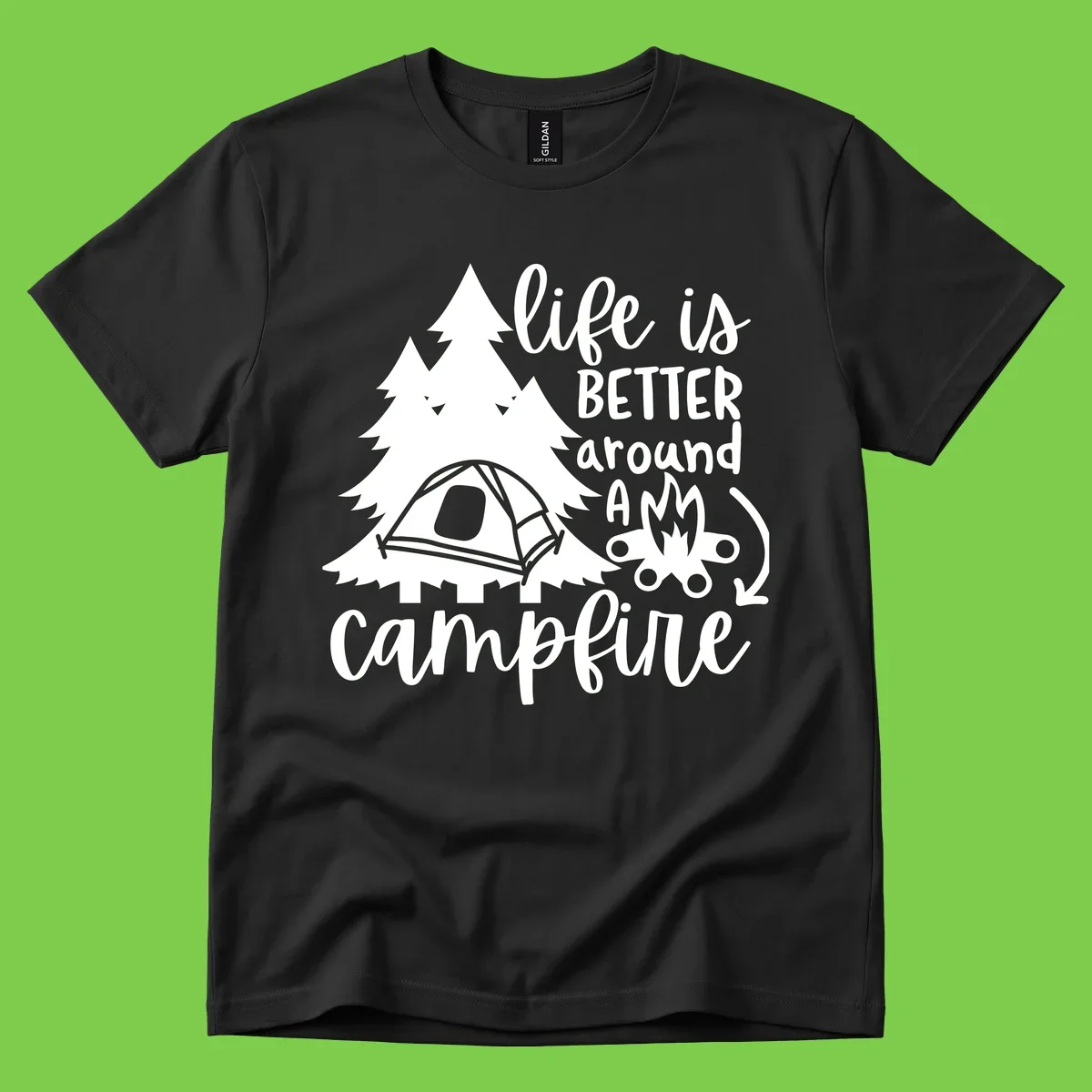 White illustration of evergreen trees, camping tent, and campfire with text reading 'life is better around a campfire' on gray background