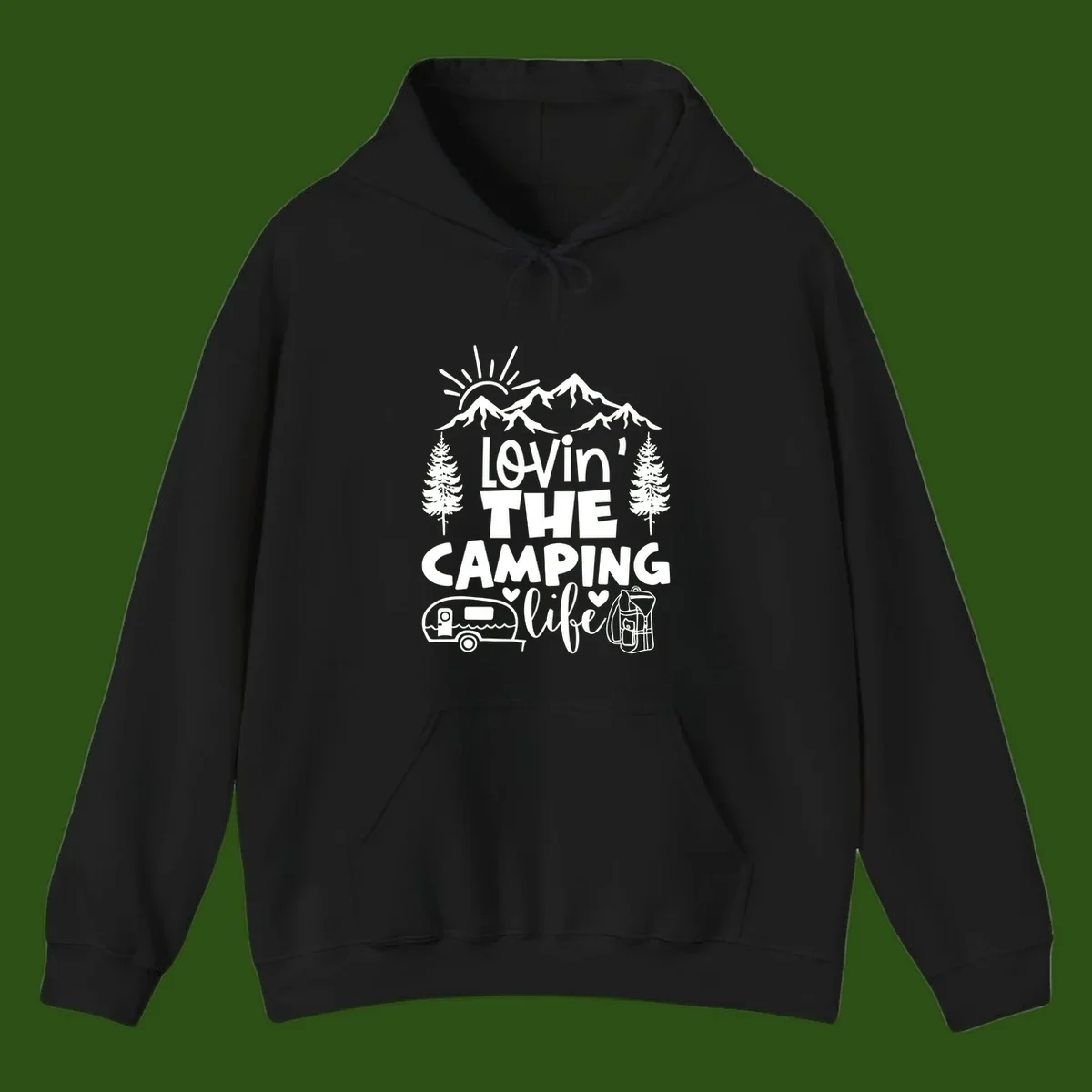 Lovin camping life design with mountains, sun, trees, RV and backpack on gray background
