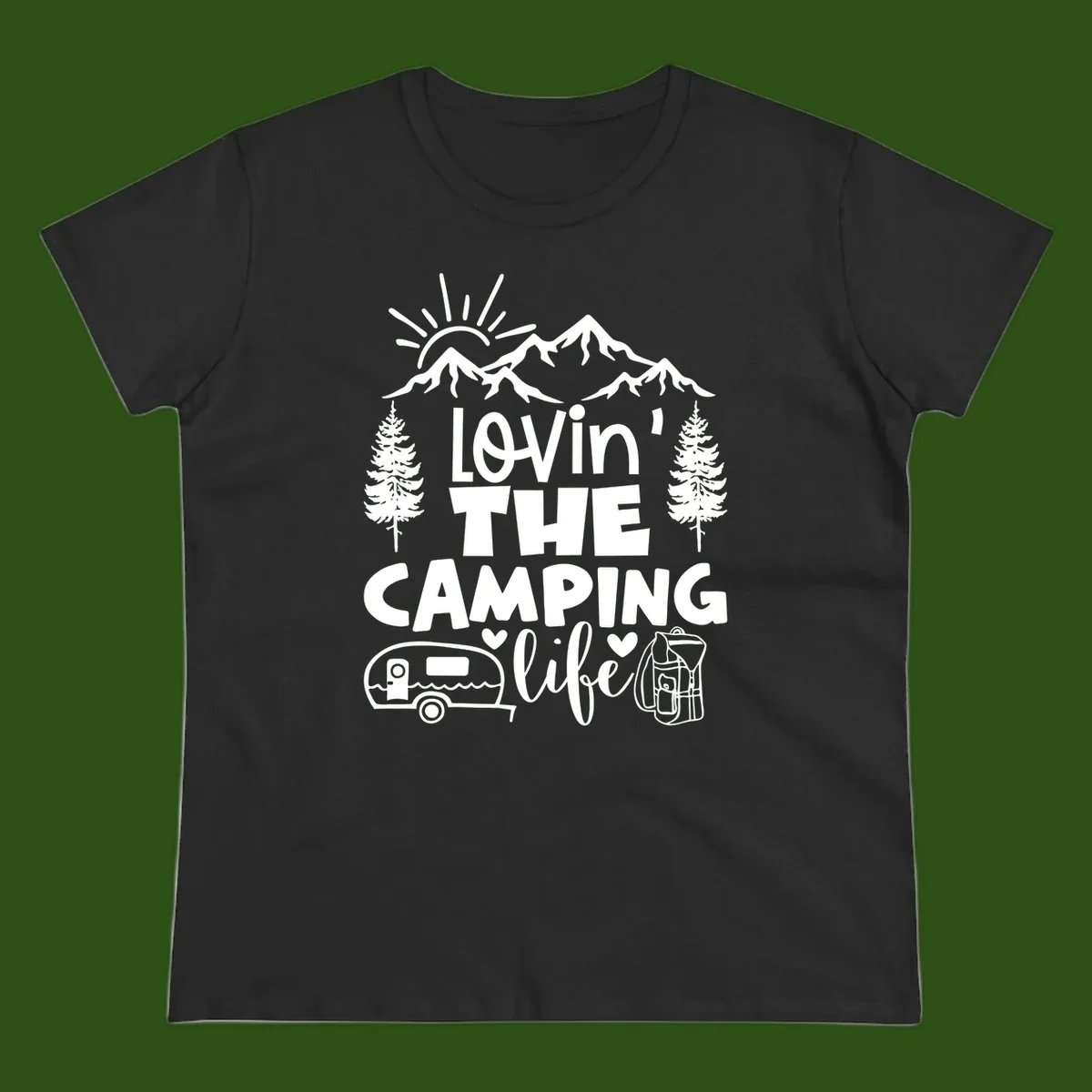 Lovin camping life design with mountains, sun, trees, RV and backpack on gray background