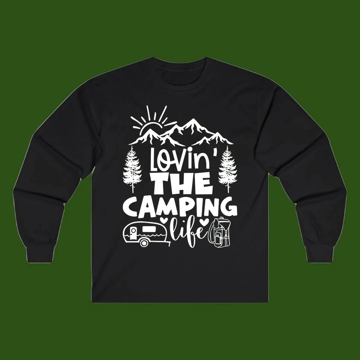 Lovin camping life design with mountains, sun, trees, RV and backpack on gray background