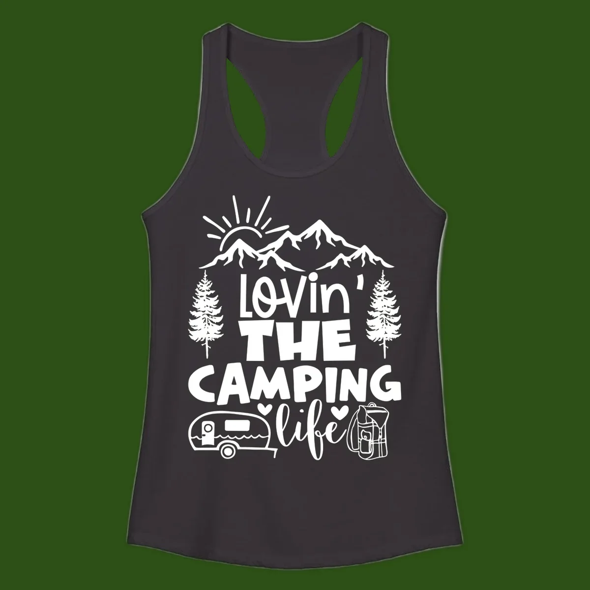 Lovin camping life design with mountains, sun, trees, RV and backpack on gray background