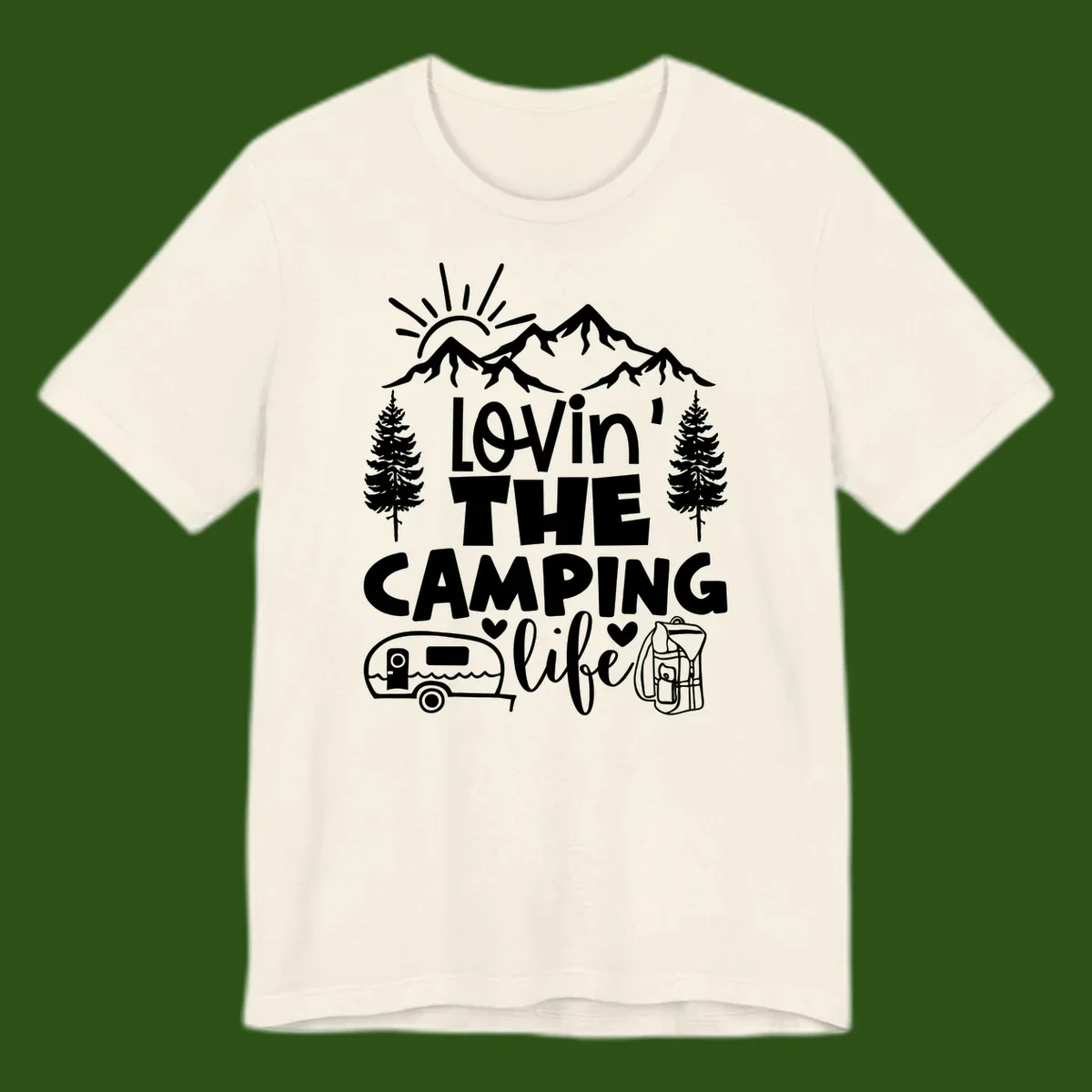 Lovin camping life design with mountains, sun, trees, RV and backpack on gray background