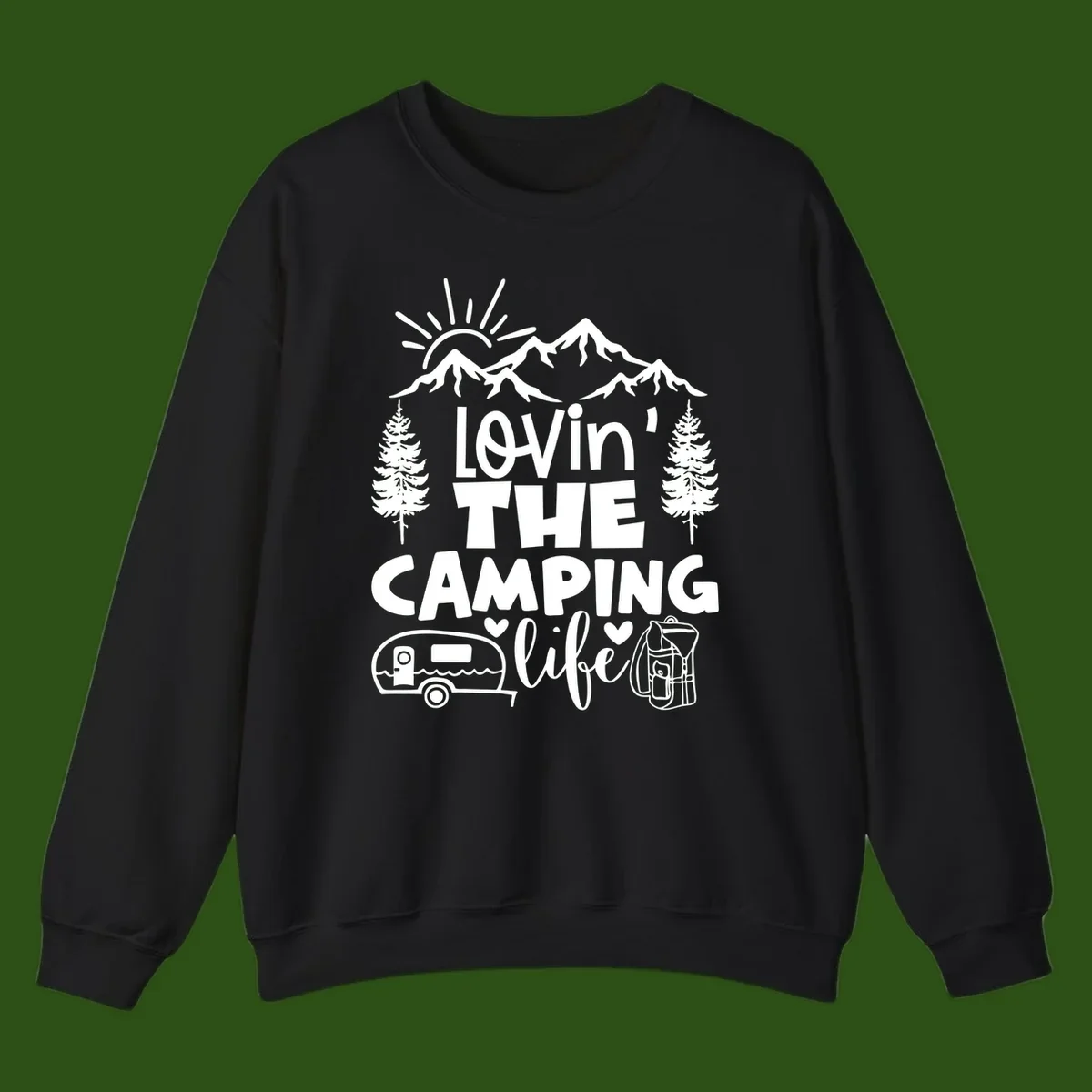 Lovin camping life design with mountains, sun, trees, RV and backpack on gray background