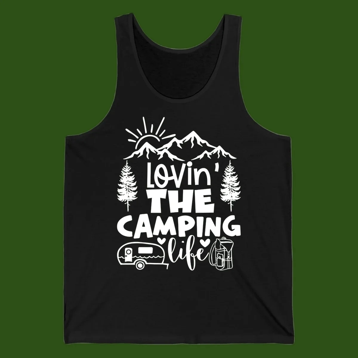 Lovin camping life design with mountains, sun, trees, RV and backpack on gray background