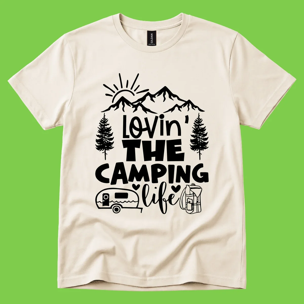 Lovin camping life design with mountains, sun, trees, RV and backpack on gray background