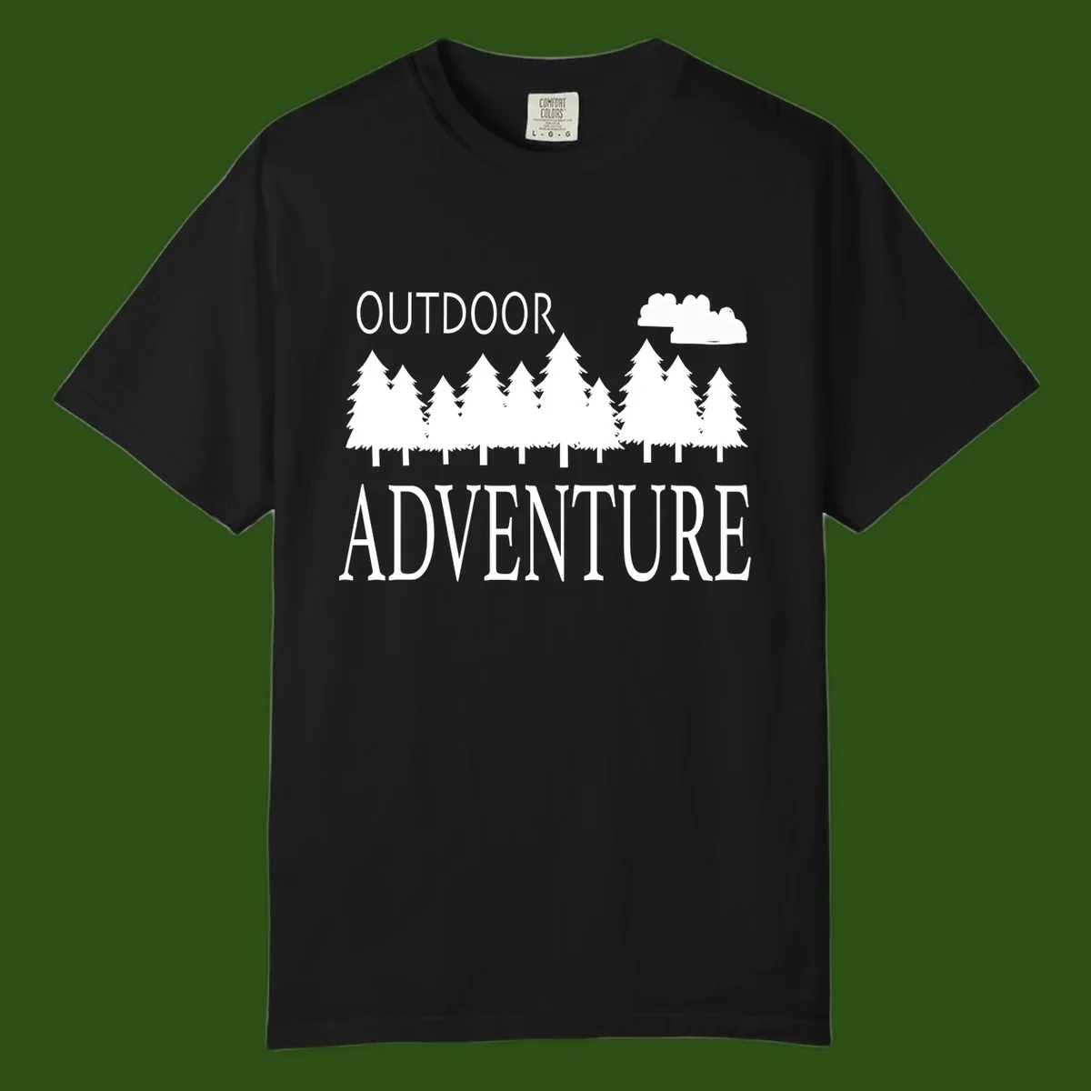 White silhouette of evergreen forest with cloud and bold text reading 'Outdoor Adventure' on gray background