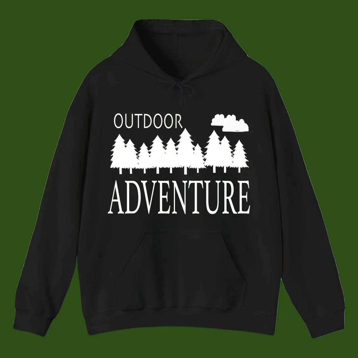 White silhouette of evergreen forest with cloud and bold text reading 'Outdoor Adventure' on gray background