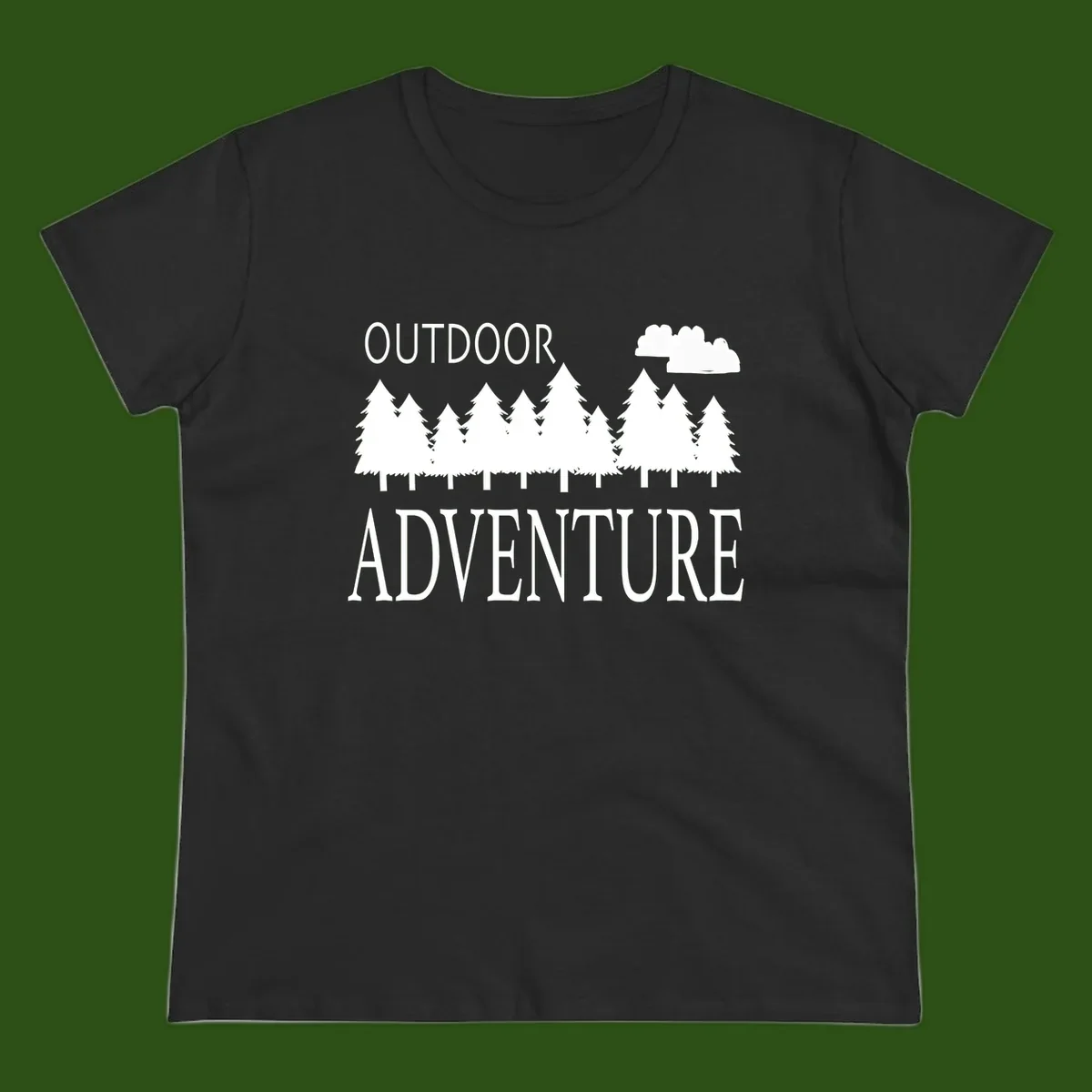 White silhouette of evergreen forest with cloud and bold text reading 'Outdoor Adventure' on gray background