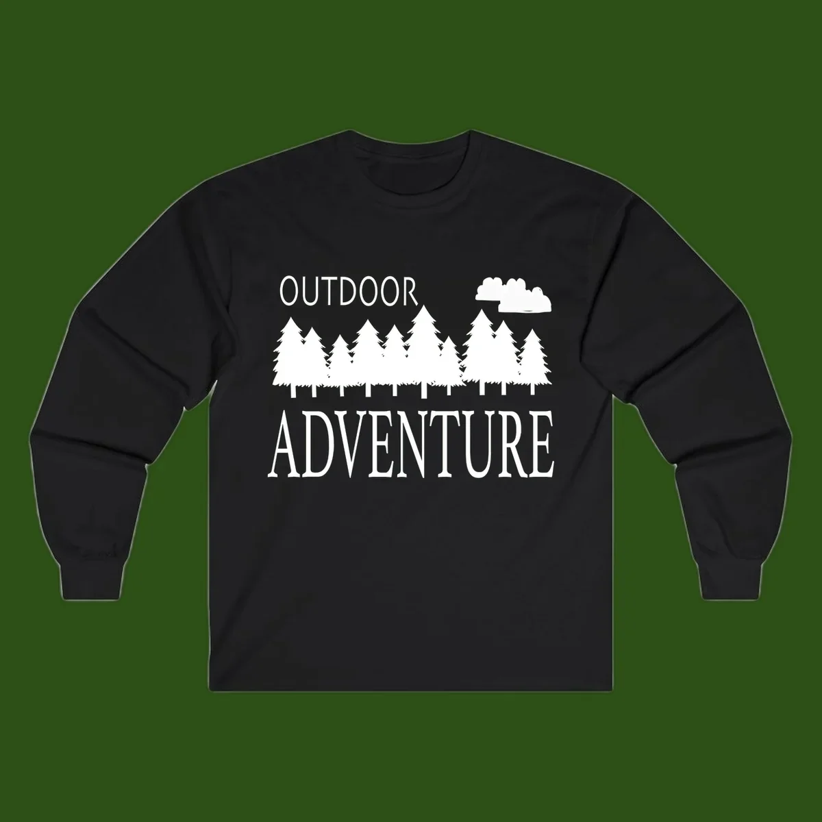 White silhouette of evergreen forest with cloud and bold text reading 'Outdoor Adventure' on gray background