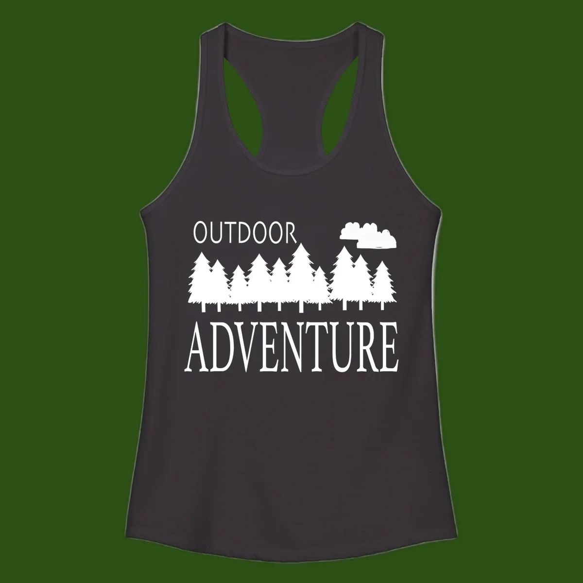 White silhouette of evergreen forest with cloud and bold text reading 'Outdoor Adventure' on gray background