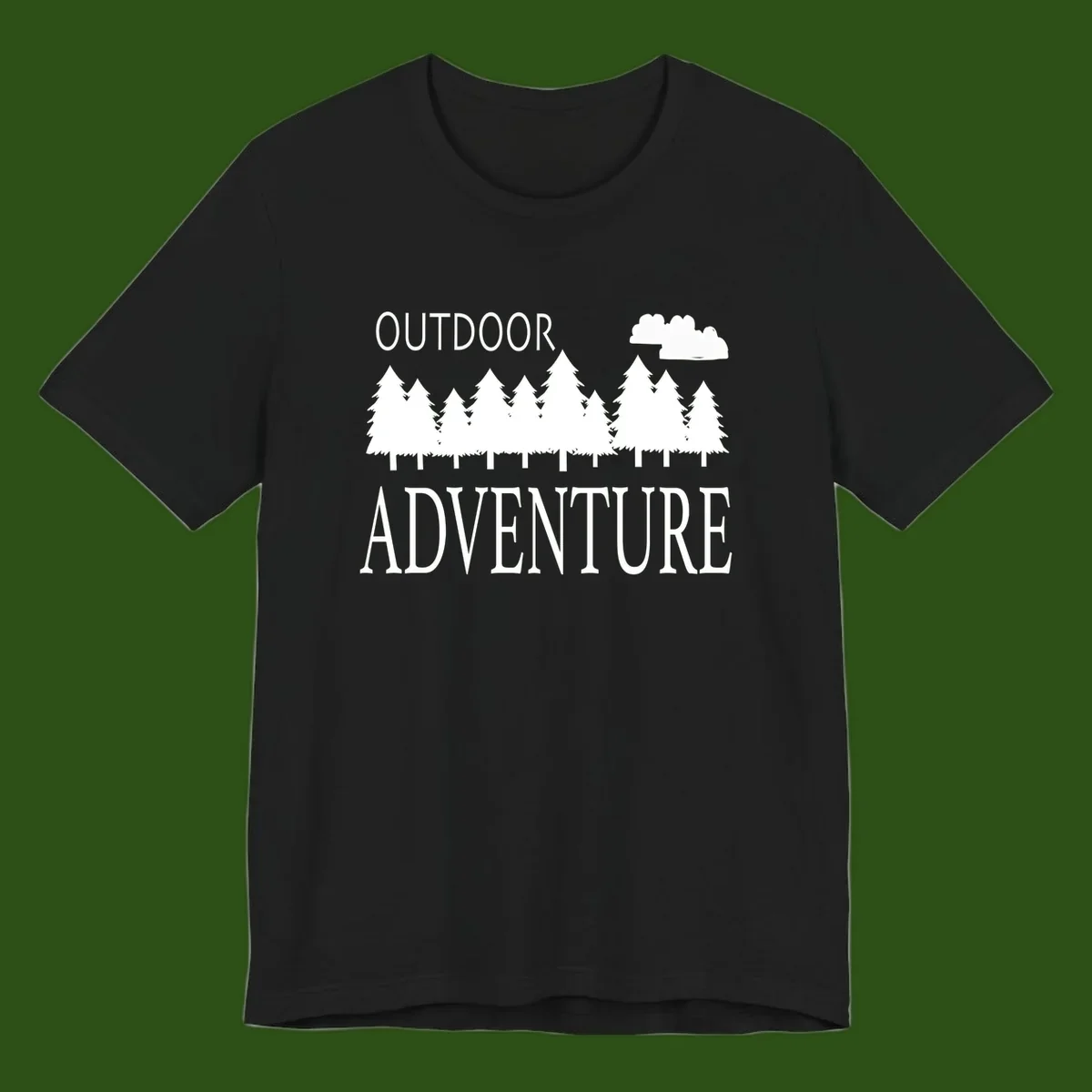 White silhouette of evergreen forest with cloud and bold text reading 'Outdoor Adventure' on gray background