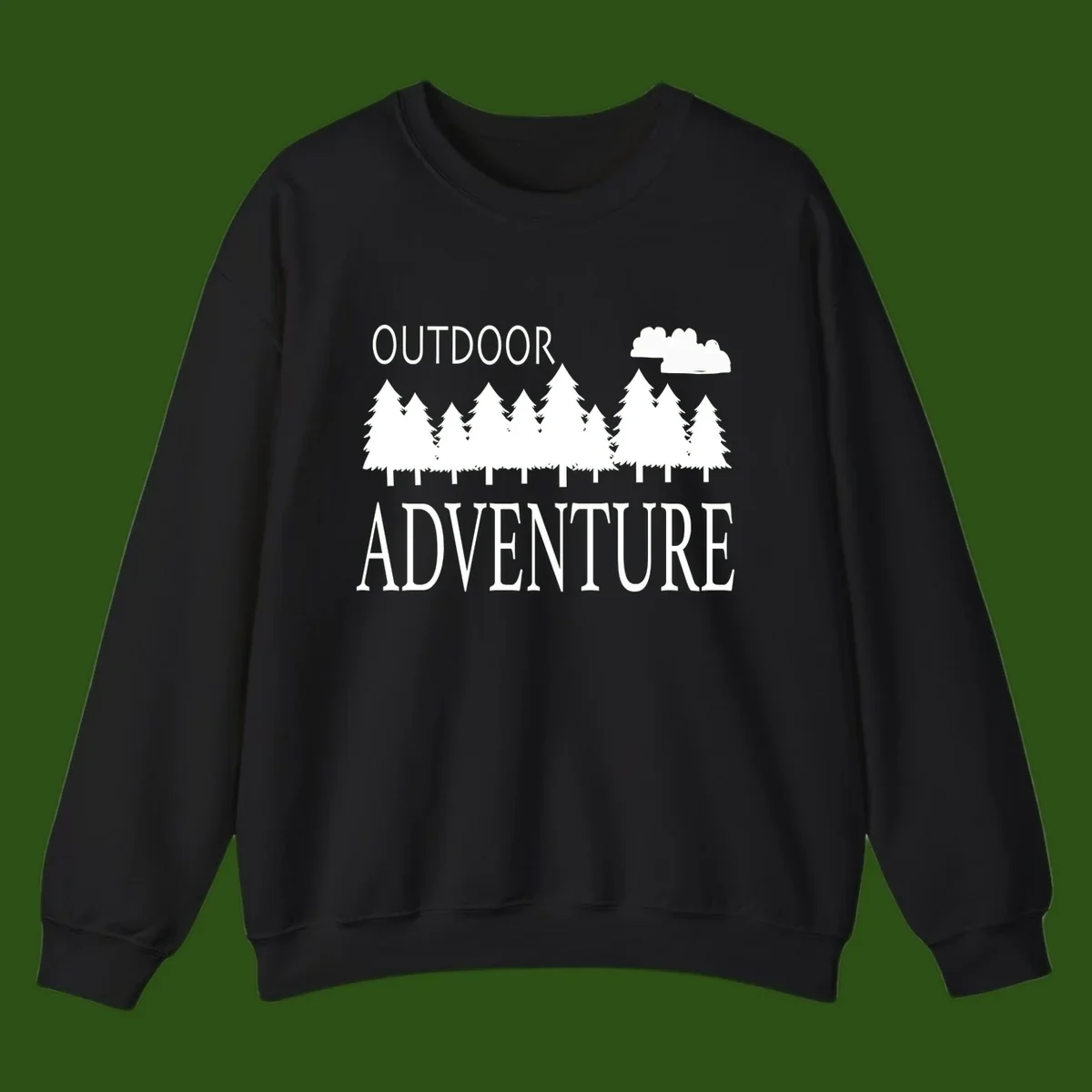 White silhouette of evergreen forest with cloud and bold text reading 'Outdoor Adventure' on gray background