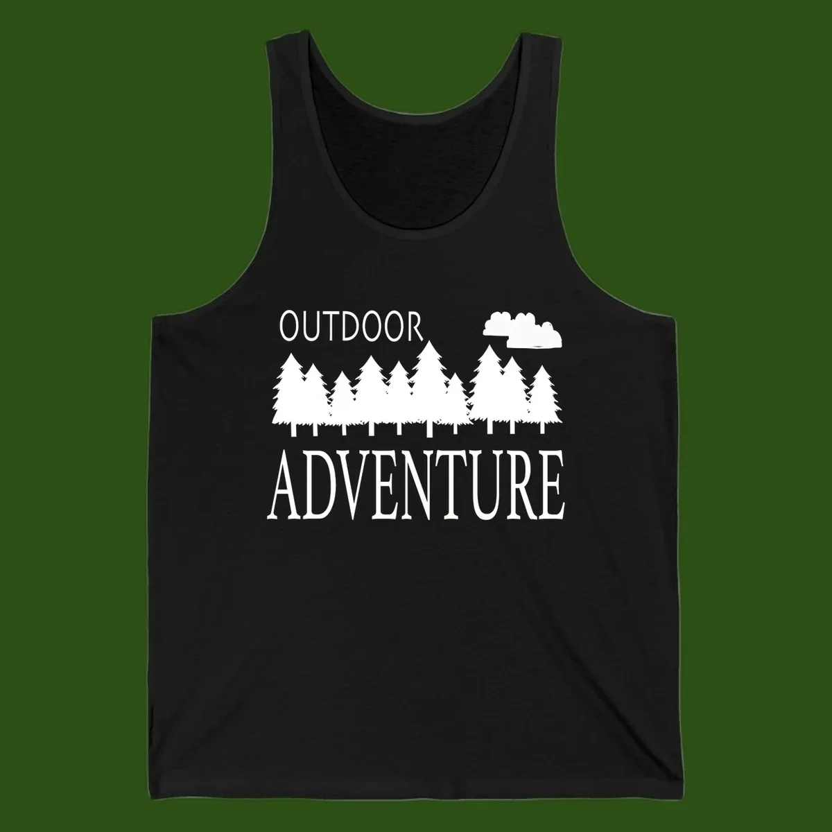 White silhouette of evergreen forest with cloud and bold text reading 'Outdoor Adventure' on gray background