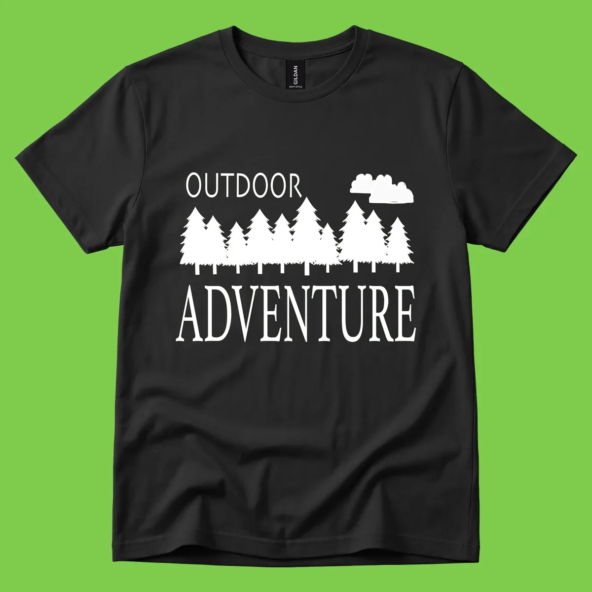 White silhouette of evergreen forest with cloud and bold text reading 'Outdoor Adventure' on gray background