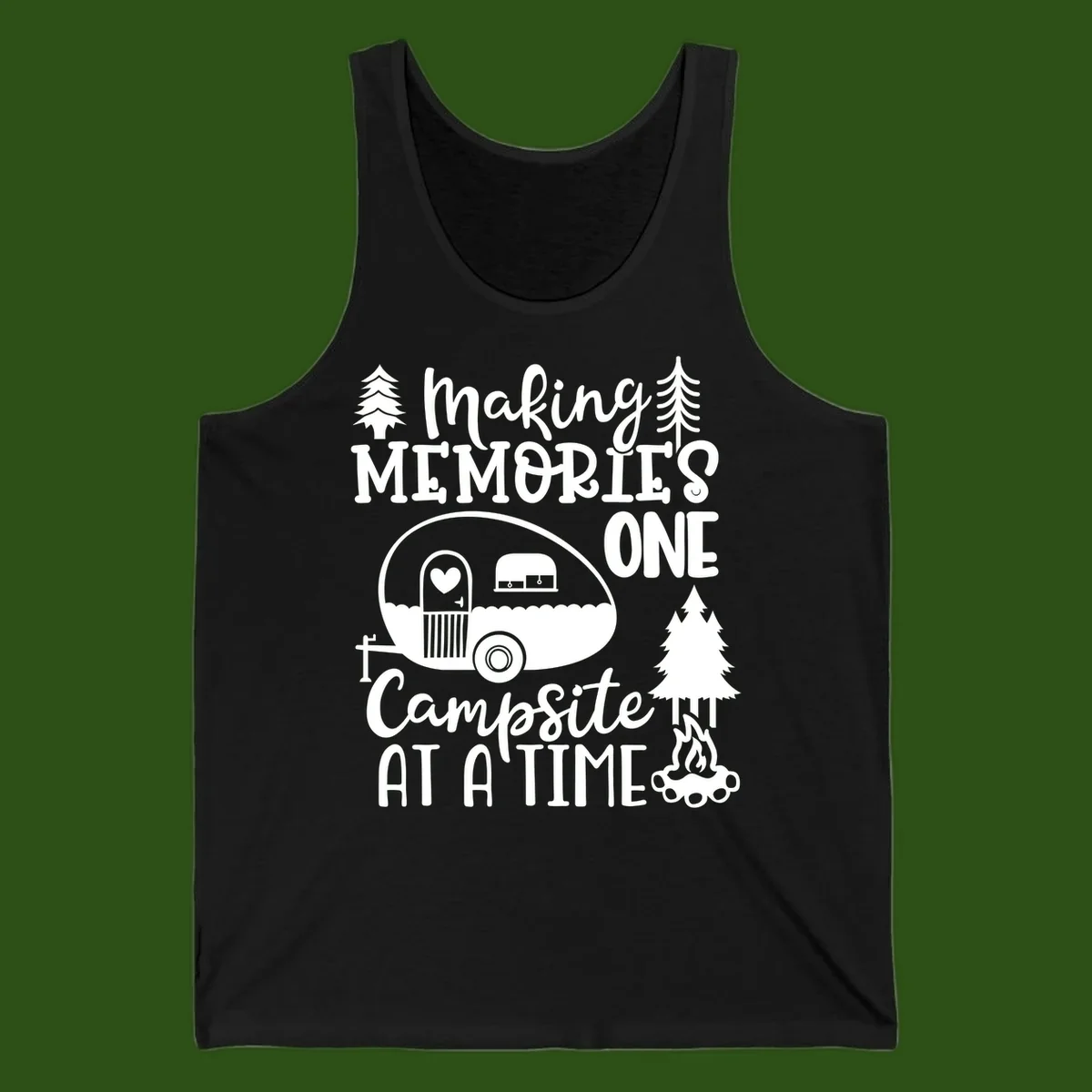 Vintage camper trailer surrounded by pine trees and campfire with 'Making Memories One Campsite At A Time' text