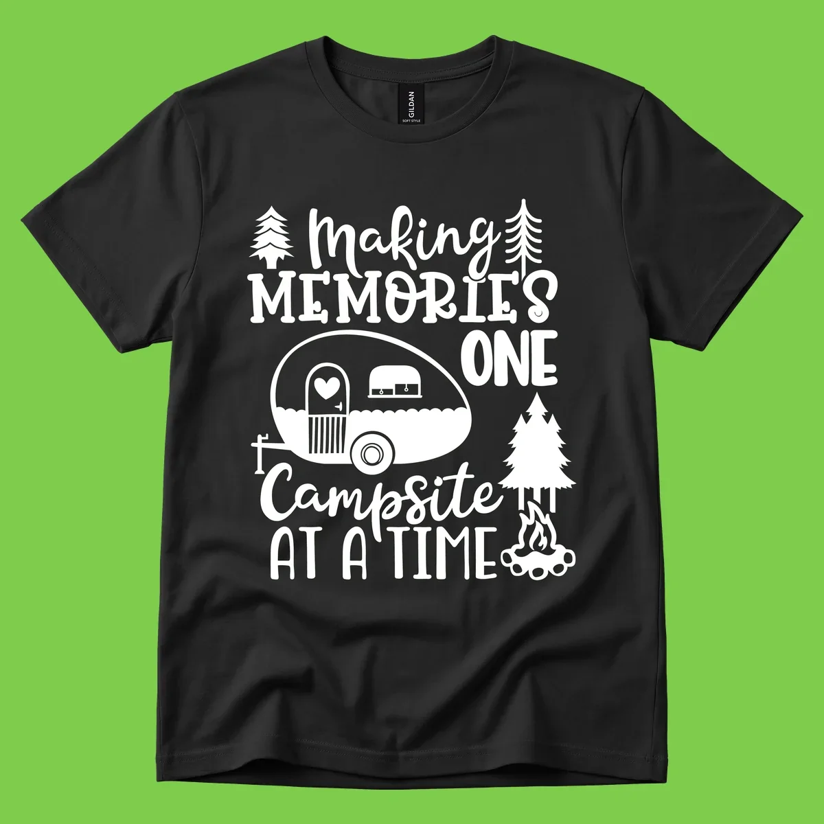 Vintage camper trailer surrounded by pine trees and campfire with 'Making Memories One Campsite At A Time' text