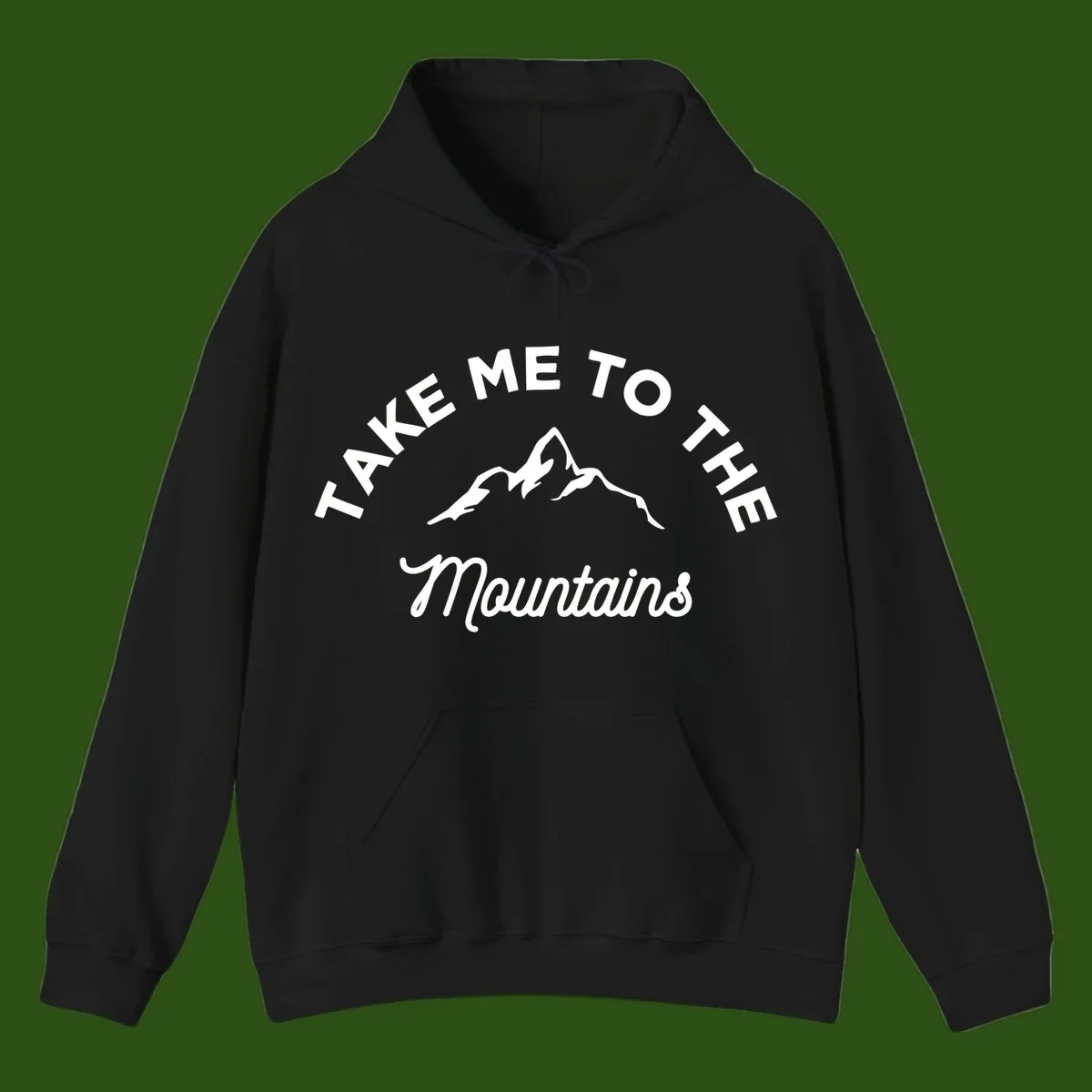 White mountain silhouette with curved text reading 'Take Me To The Mountains' on gray background