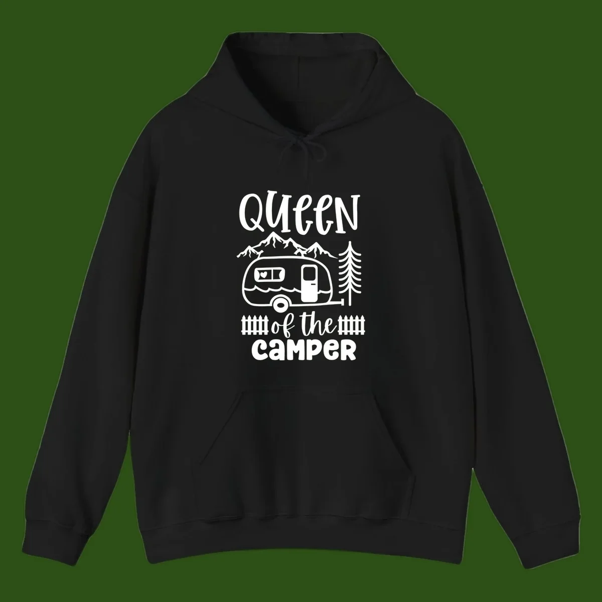 Queen of the Camper design featuring vintage trailer, mountains, and evergreen trees with bold text