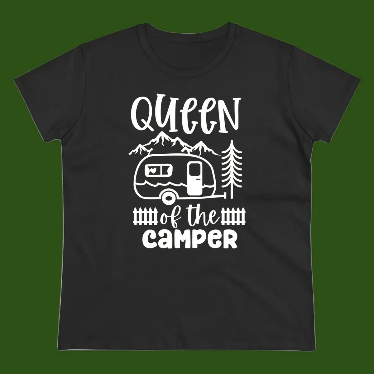 Queen of the Camper design featuring vintage trailer, mountains, and evergreen trees with bold text