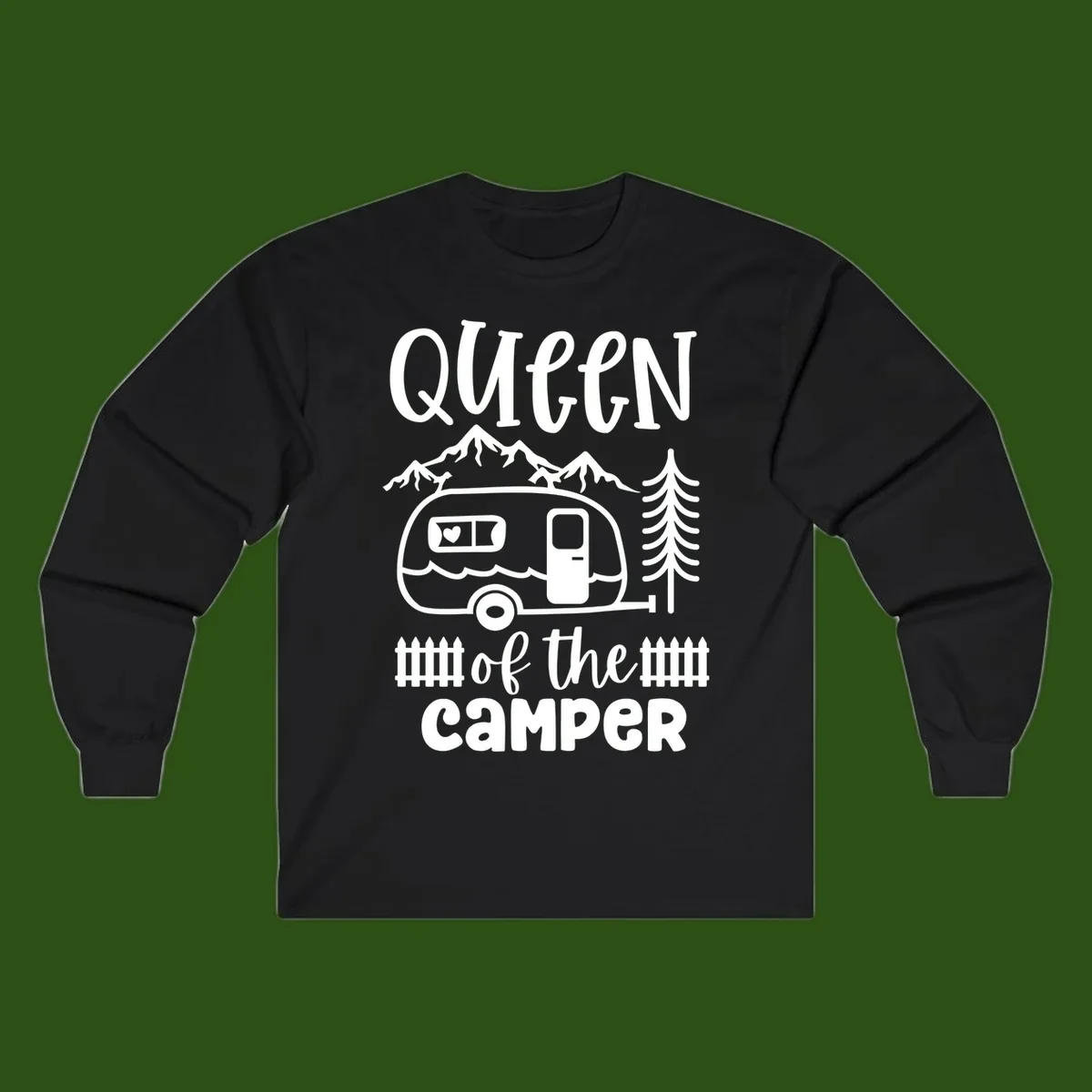 Queen of the Camper design featuring vintage trailer, mountains, and evergreen trees with bold text