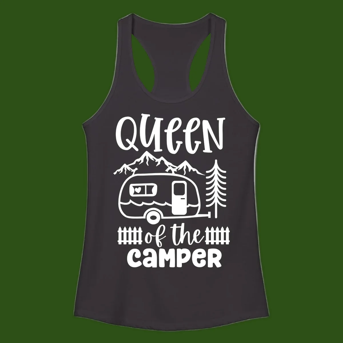 Queen of the Camper design featuring vintage trailer, mountains, and evergreen trees with bold text