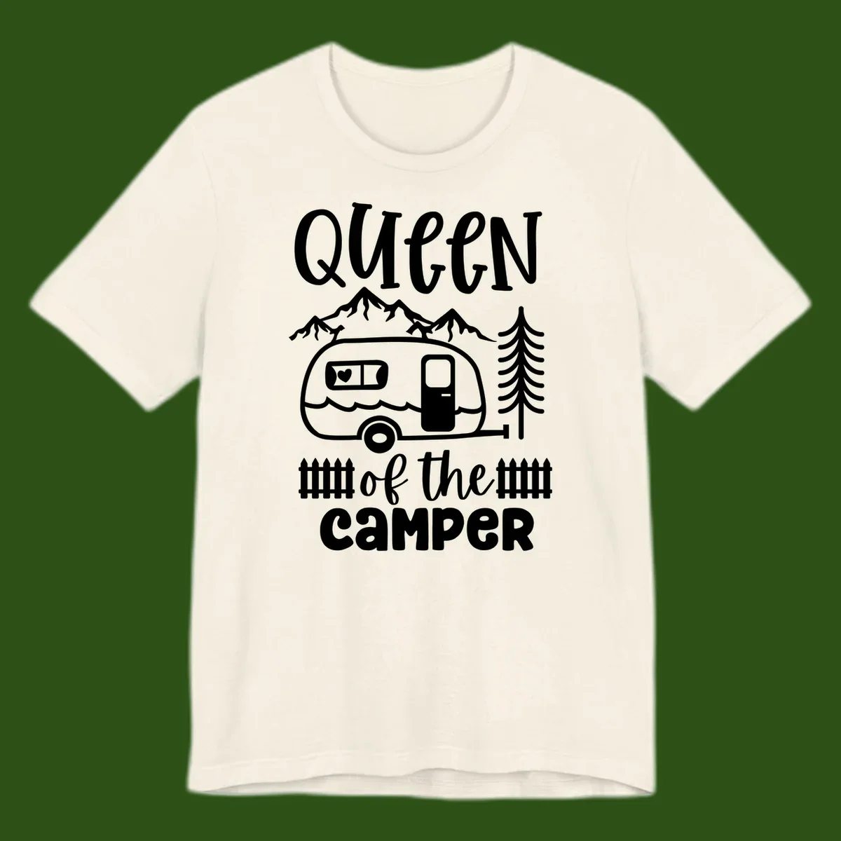 Queen of the Camper design featuring vintage trailer, mountains, and evergreen trees with bold text