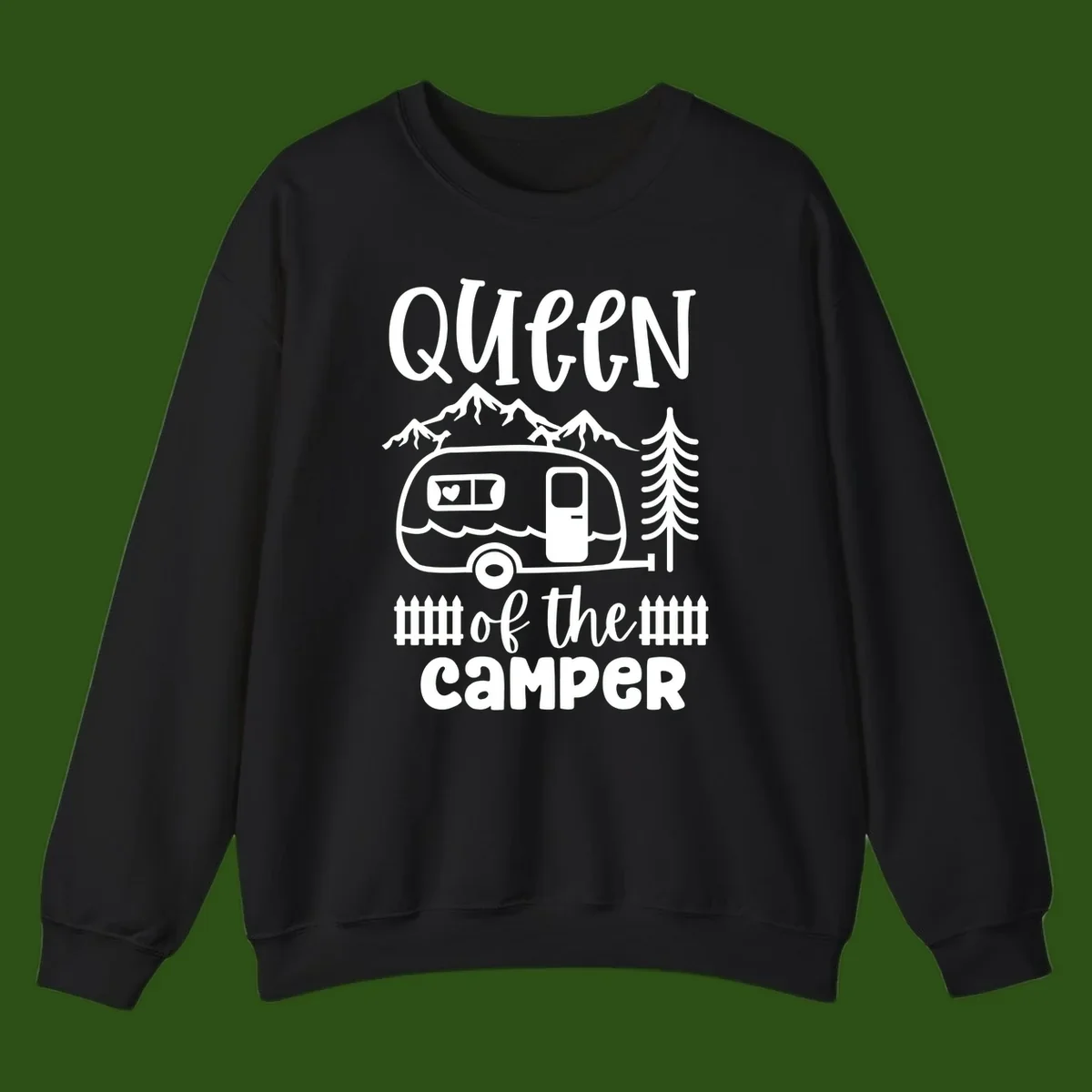 Queen of the Camper design featuring vintage trailer, mountains, and evergreen trees with bold text