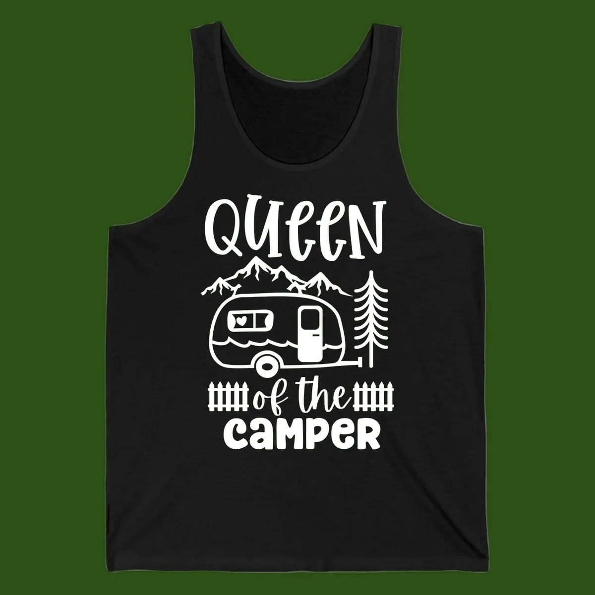 Queen of the Camper design featuring vintage trailer, mountains, and evergreen trees with bold text