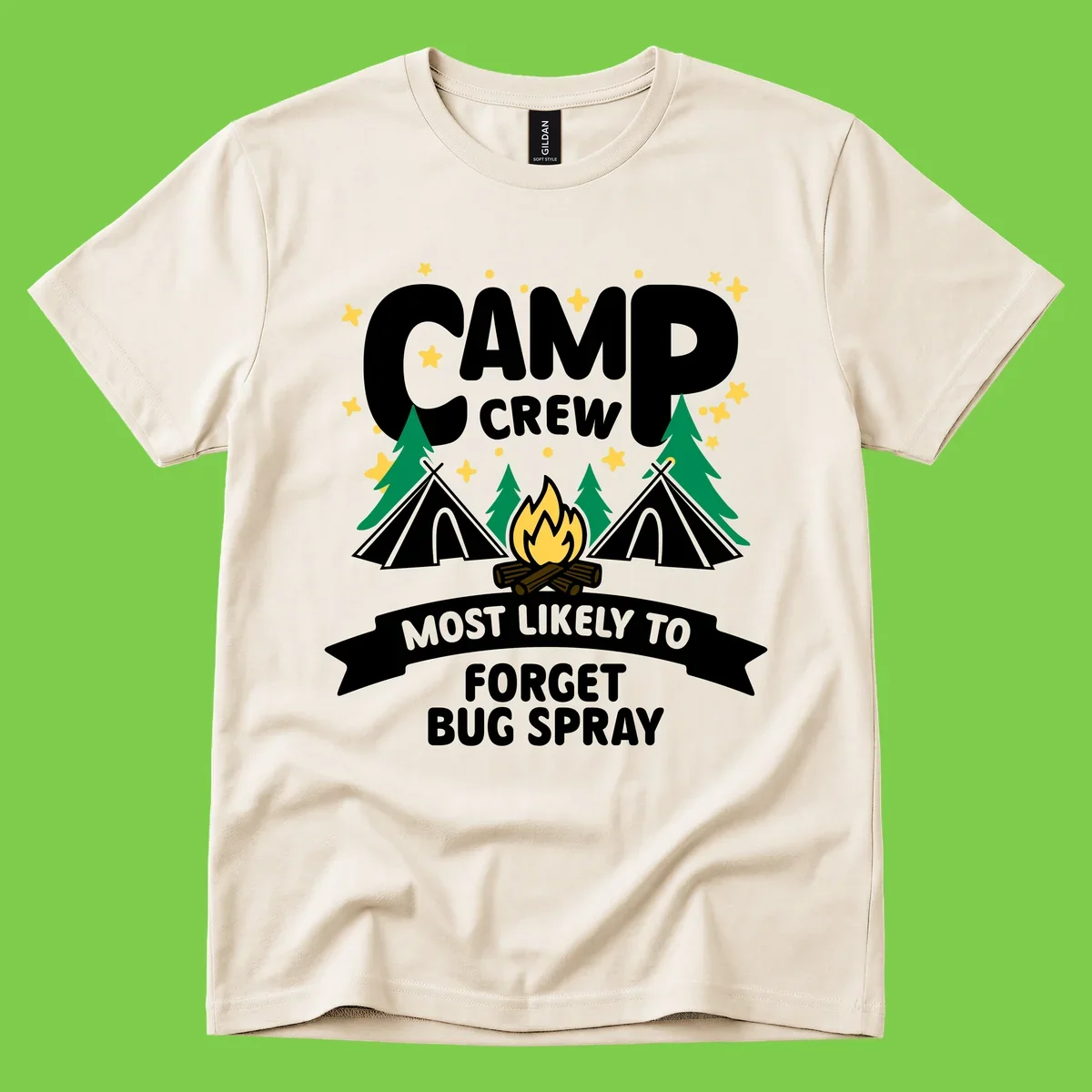 Illustrated camp crew design with tents, campfire, and pine trees under stars, text reads 'Camp Crew Most Likely To Forget Bug Spray'