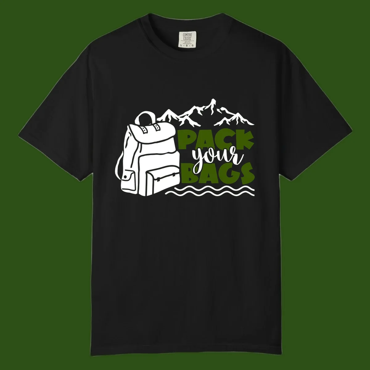 Hand-drawn backpack with snow-capped mountains and waves, green and white text reading 'Pack Your Bags' - camping adventure illustration
