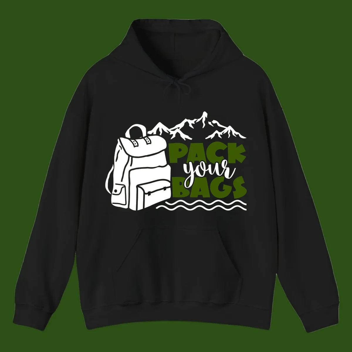 Hand-drawn backpack with snow-capped mountains and waves, green and white text reading 'Pack Your Bags' - camping adventure illustration
