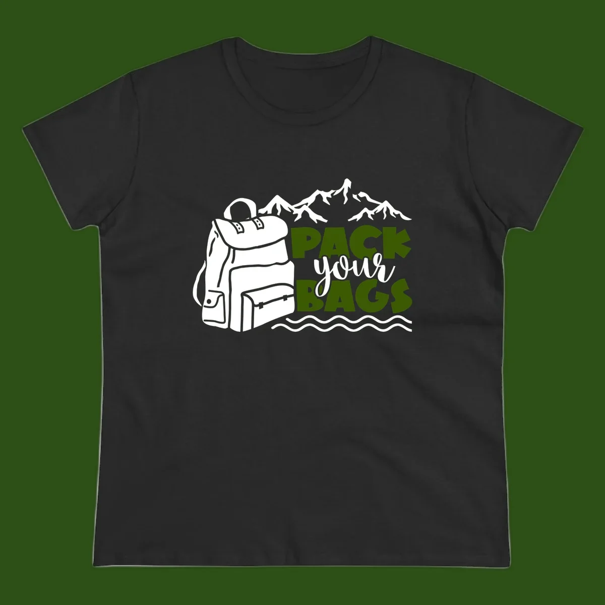 Hand-drawn backpack with snow-capped mountains and waves, green and white text reading 'Pack Your Bags' - camping adventure illustration