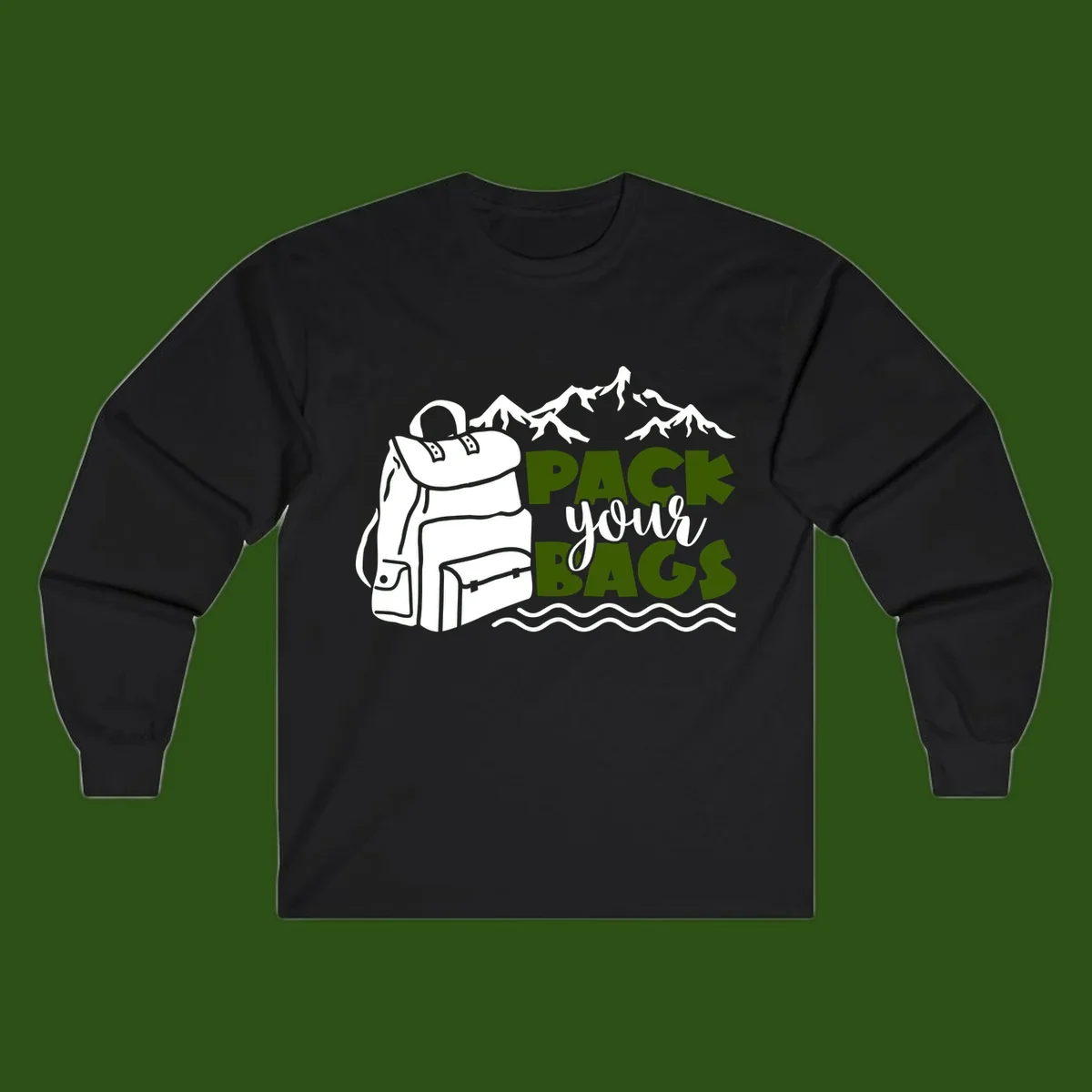 Hand-drawn backpack with snow-capped mountains and waves, green and white text reading 'Pack Your Bags' - camping adventure illustration
