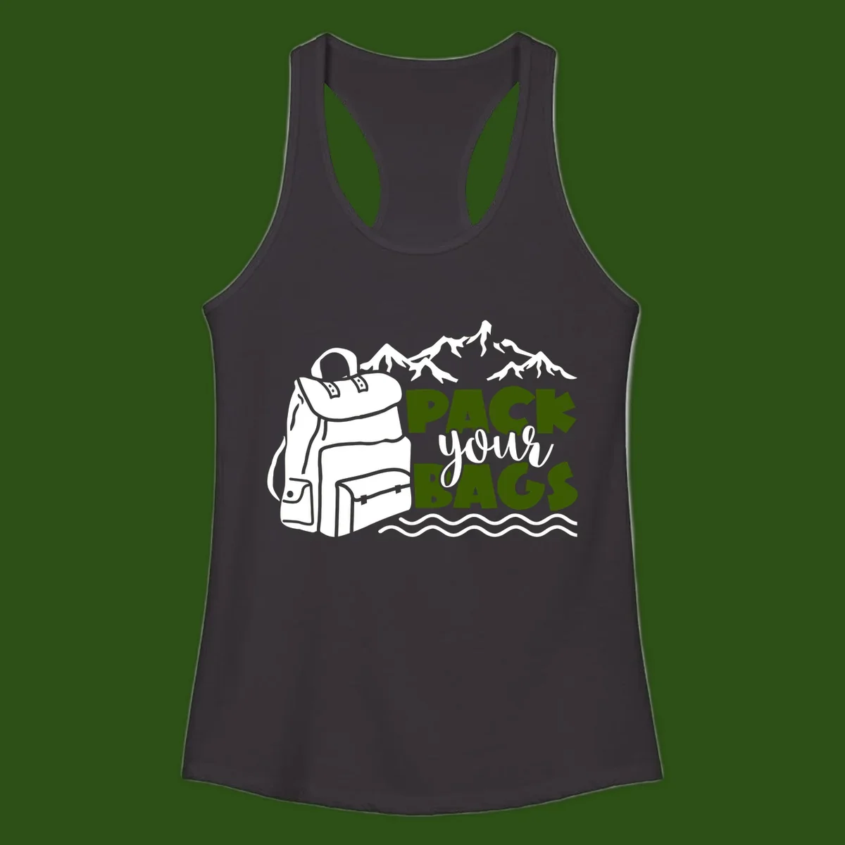Hand-drawn backpack with snow-capped mountains and waves, green and white text reading 'Pack Your Bags' - camping adventure illustration