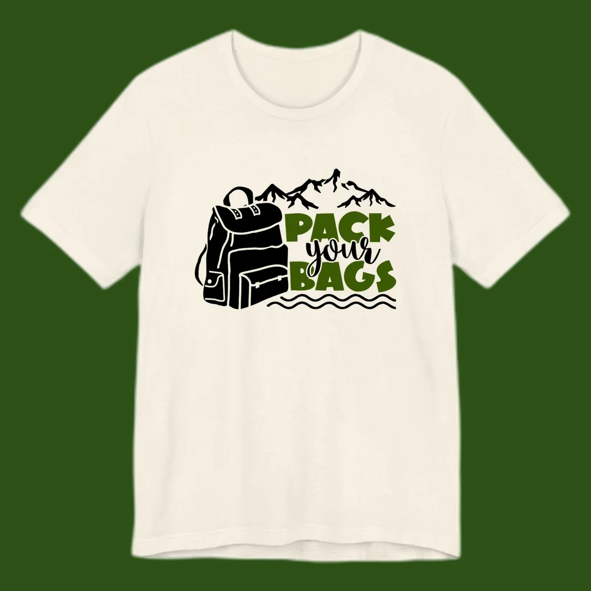 Hand-drawn backpack with snow-capped mountains and waves, green and white text reading 'Pack Your Bags' - camping adventure illustration
