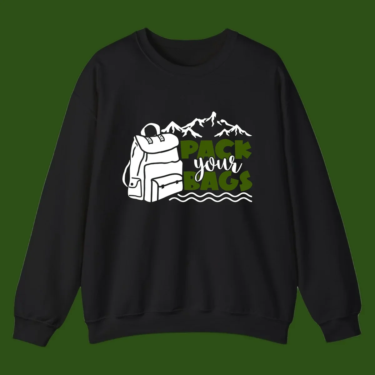 Hand-drawn backpack with snow-capped mountains and waves, green and white text reading 'Pack Your Bags' - camping adventure illustration