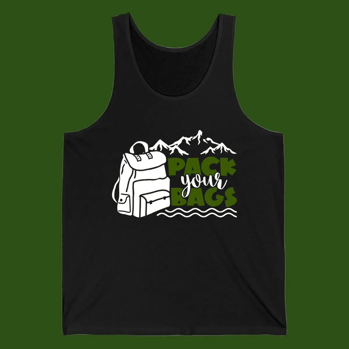 Hand-drawn backpack with snow-capped mountains and waves, green and white text reading 'Pack Your Bags' - camping adventure illustration