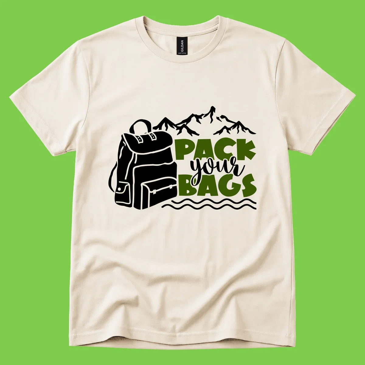 Hand-drawn backpack with snow-capped mountains and waves, green and white text reading 'Pack Your Bags' - camping adventure illustration