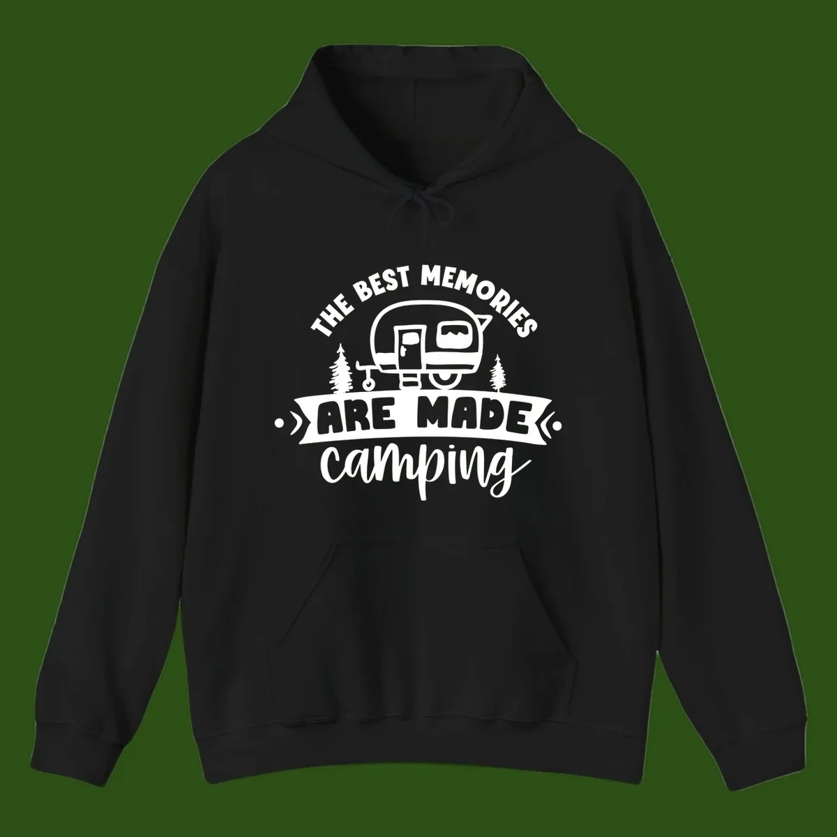 Vintage badge design with classic travel trailer, pine trees, and text reading 'The Best Memories Are Made Camping' in retro style.