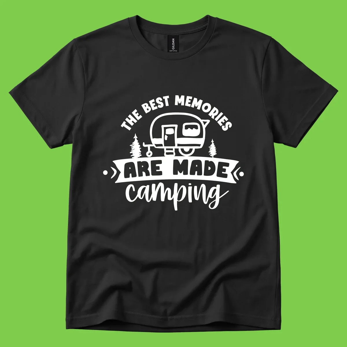 Vintage badge design with classic travel trailer, pine trees, and text reading 'The Best Memories Are Made Camping' in retro style.