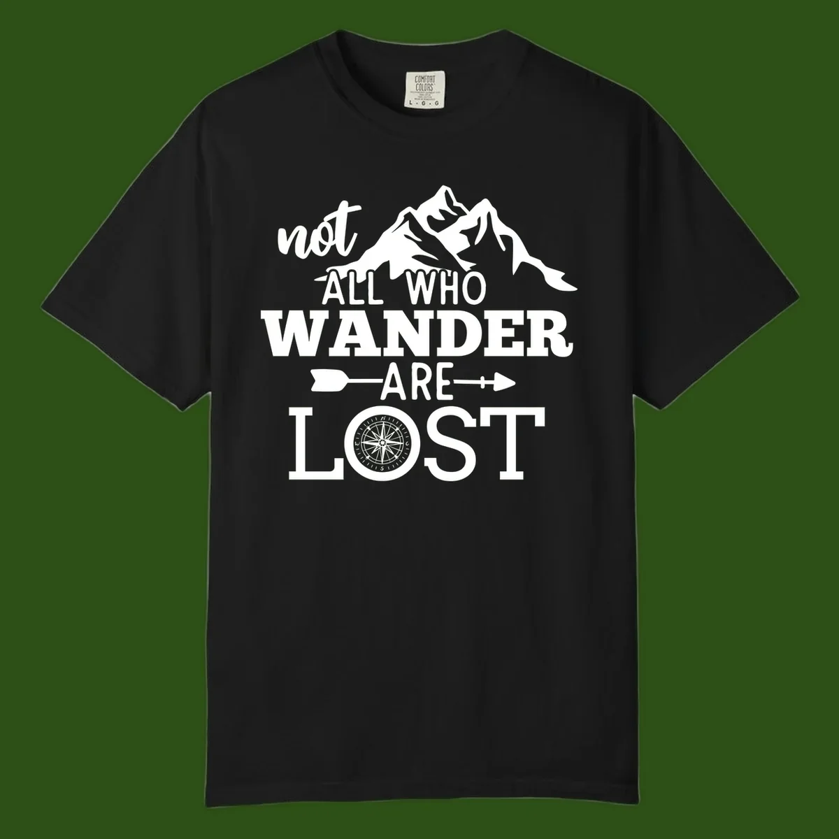 White mountain silhouette with compass rose and arrows, text reads 'not ALL WHO WANDER ARE LOST' on gray background