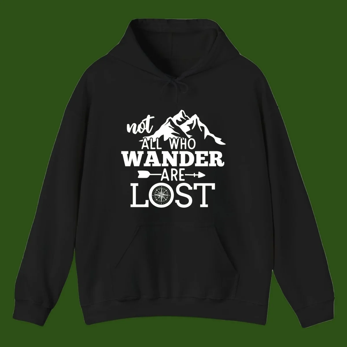White mountain silhouette with compass rose and arrows, text reads 'not ALL WHO WANDER ARE LOST' on gray background