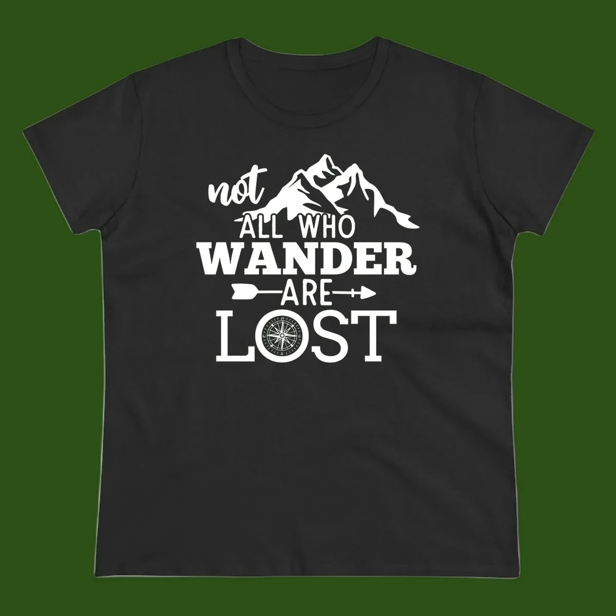 White mountain silhouette with compass rose and arrows, text reads 'not ALL WHO WANDER ARE LOST' on gray background